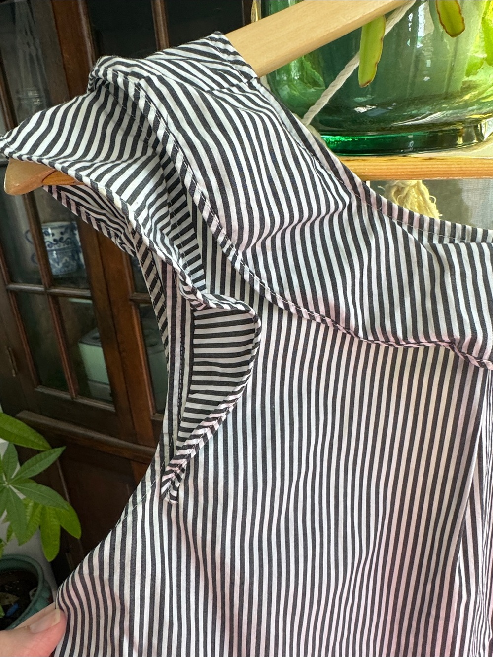 J Crew Black & White Striped One-Piece with Ruffle Shoulder